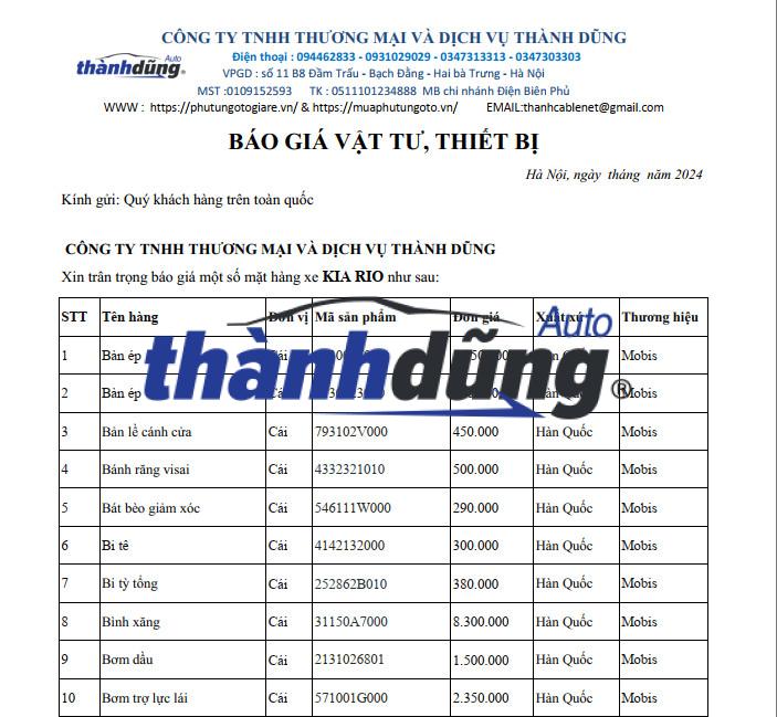 BÁO GIÁ PHỤ KIỆN XE HƠI KIA RIO BÁO GIÁ PHỤ KIỆN XE HƠI KIA RIO